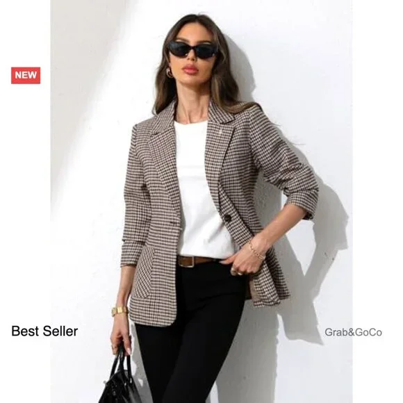 Plaid Blazer Embroidered Collar Houndstooth Business Casual Office Jacket - Picture 5 of 7